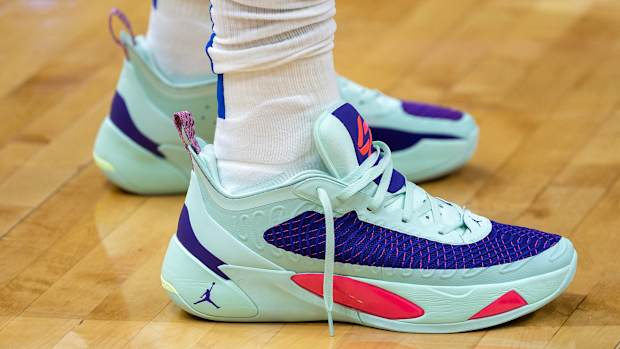Side view of Luka Doncic's green and blue Jordan Brand shoes.